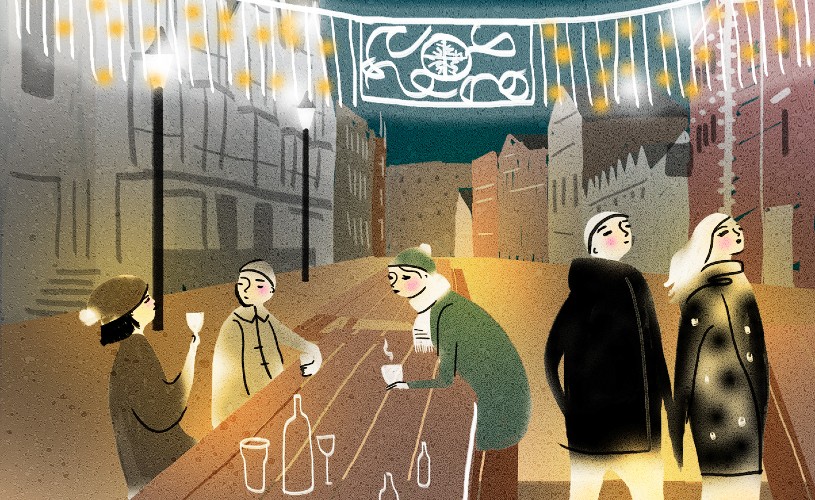 Illustration of people drinking under the Christmas lights on King Street